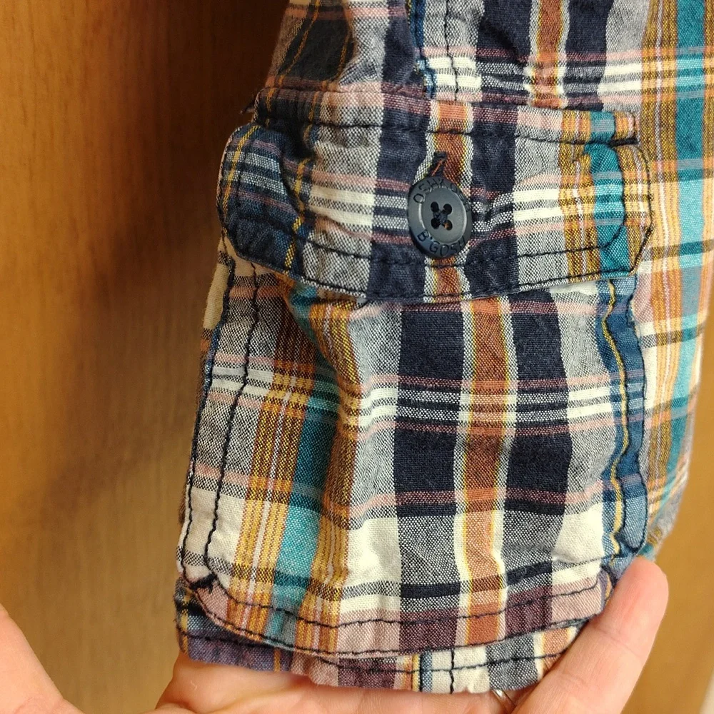 OshKosh B'gosh Kids Plaid Shorts Overalls Blue, Maroon, Mustard, Teal And Cream